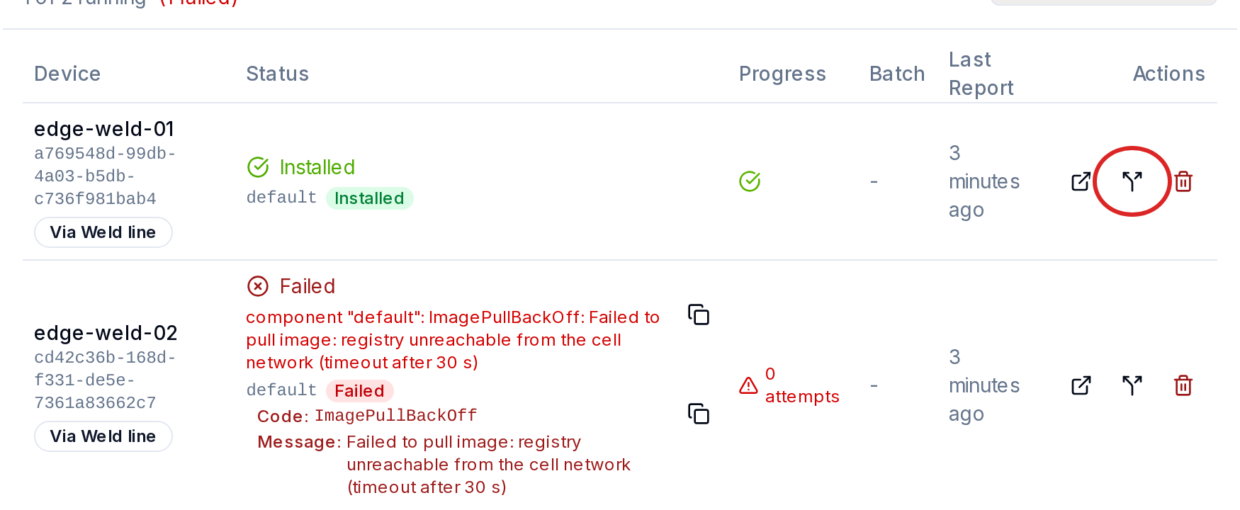 Manage separately on a row of the Deployment Instances table