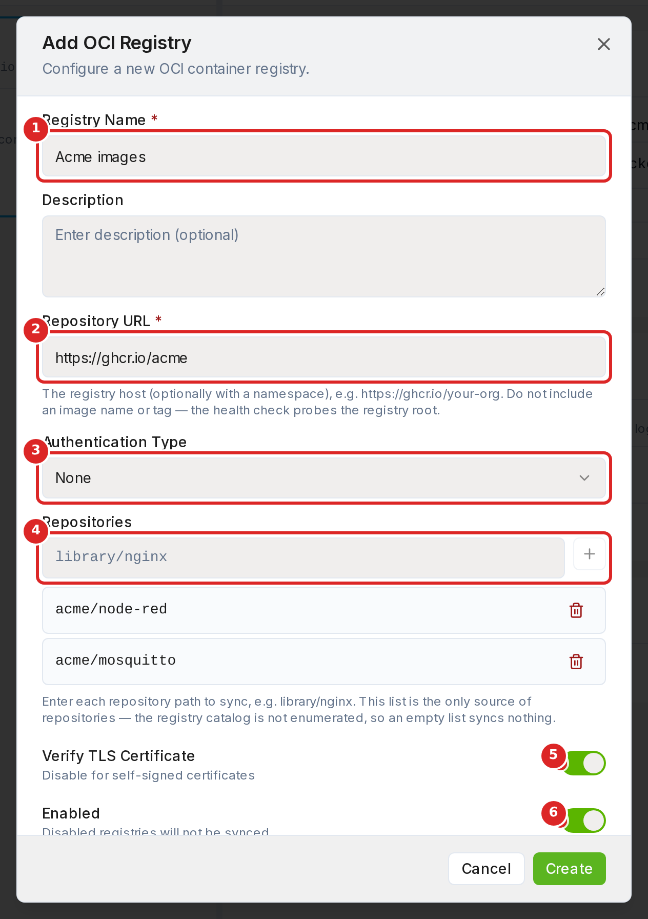 The Add OCI Registry dialog with the Repositories list