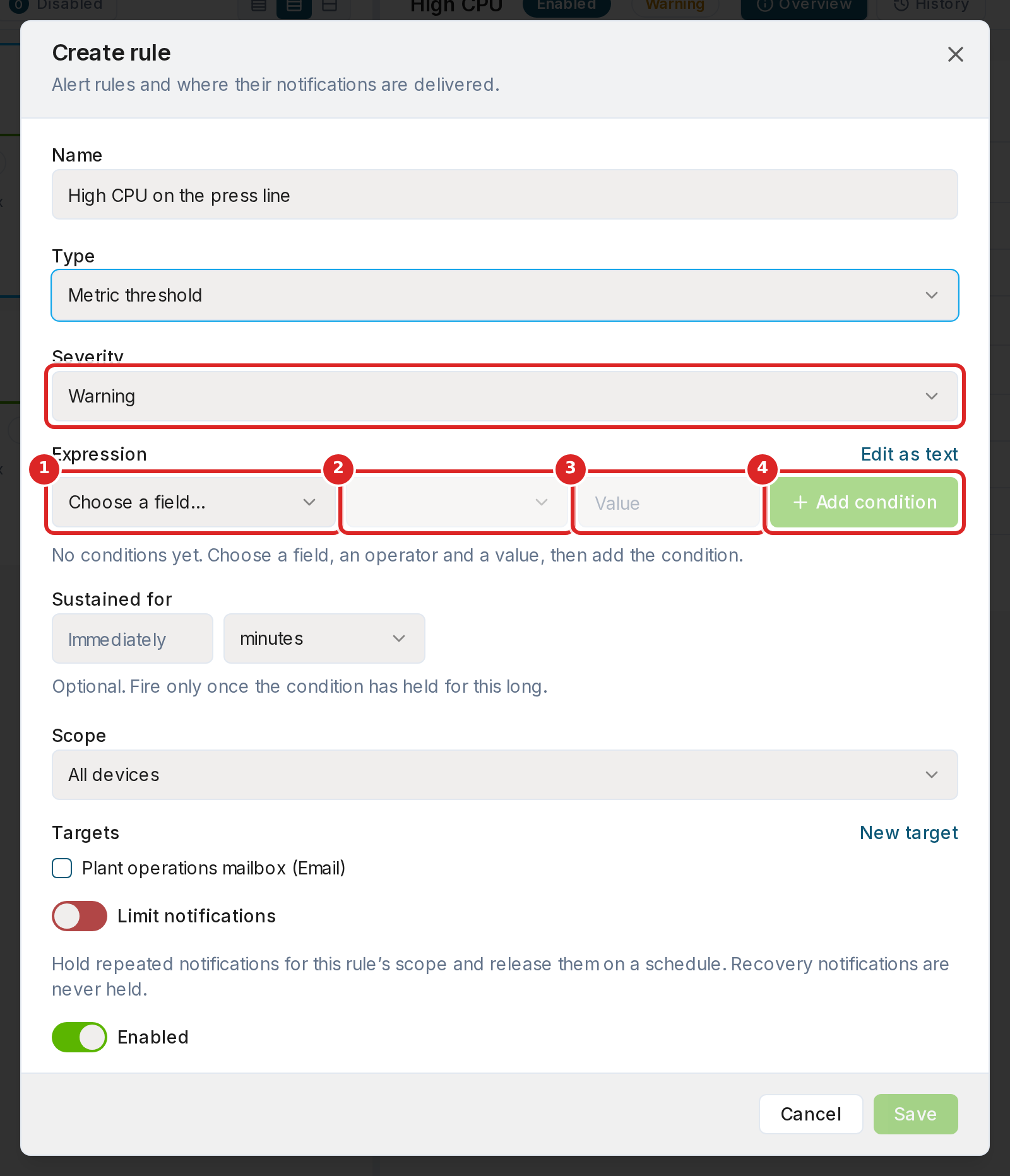 The Create rule dialog
