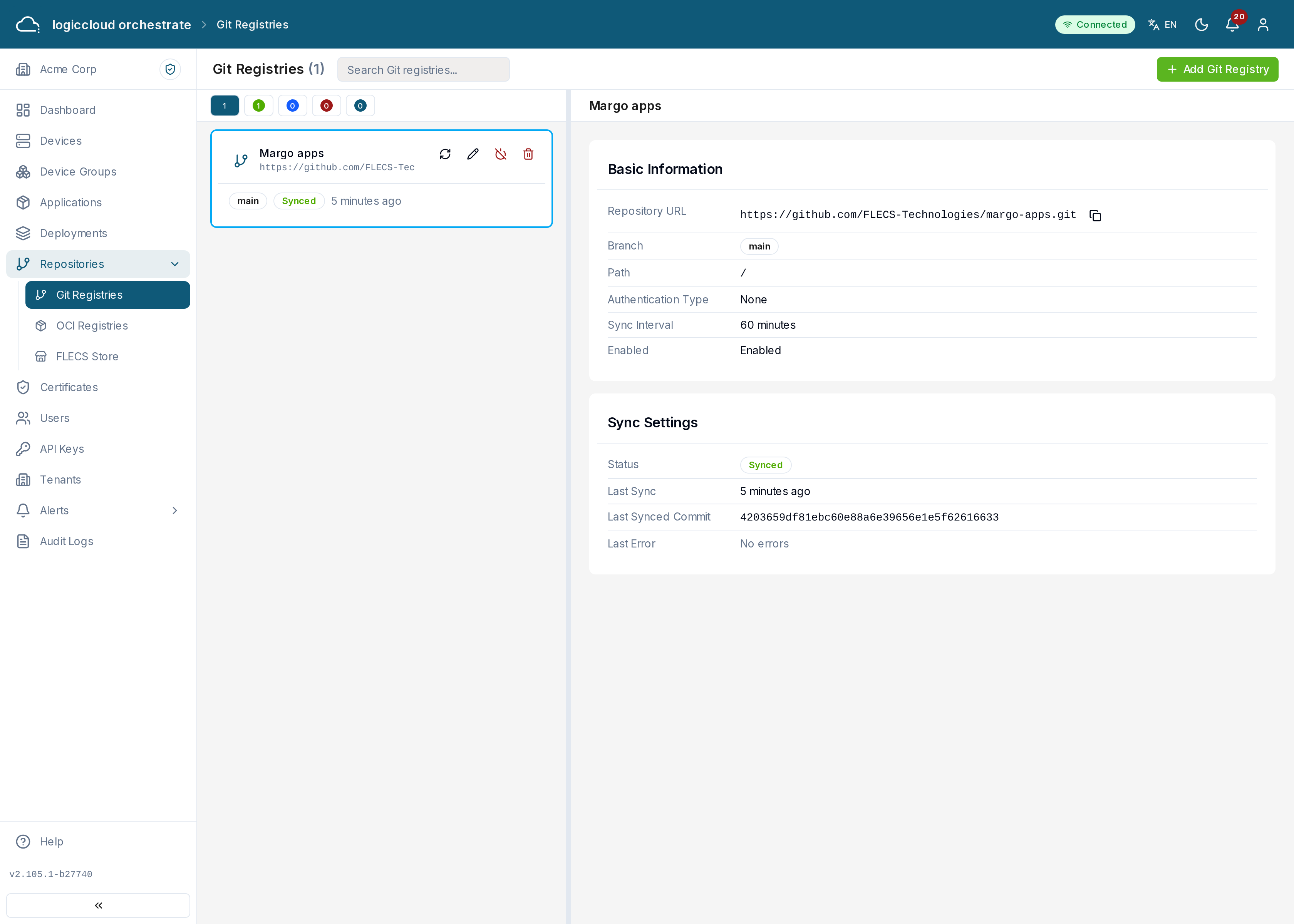 The Git Registries page