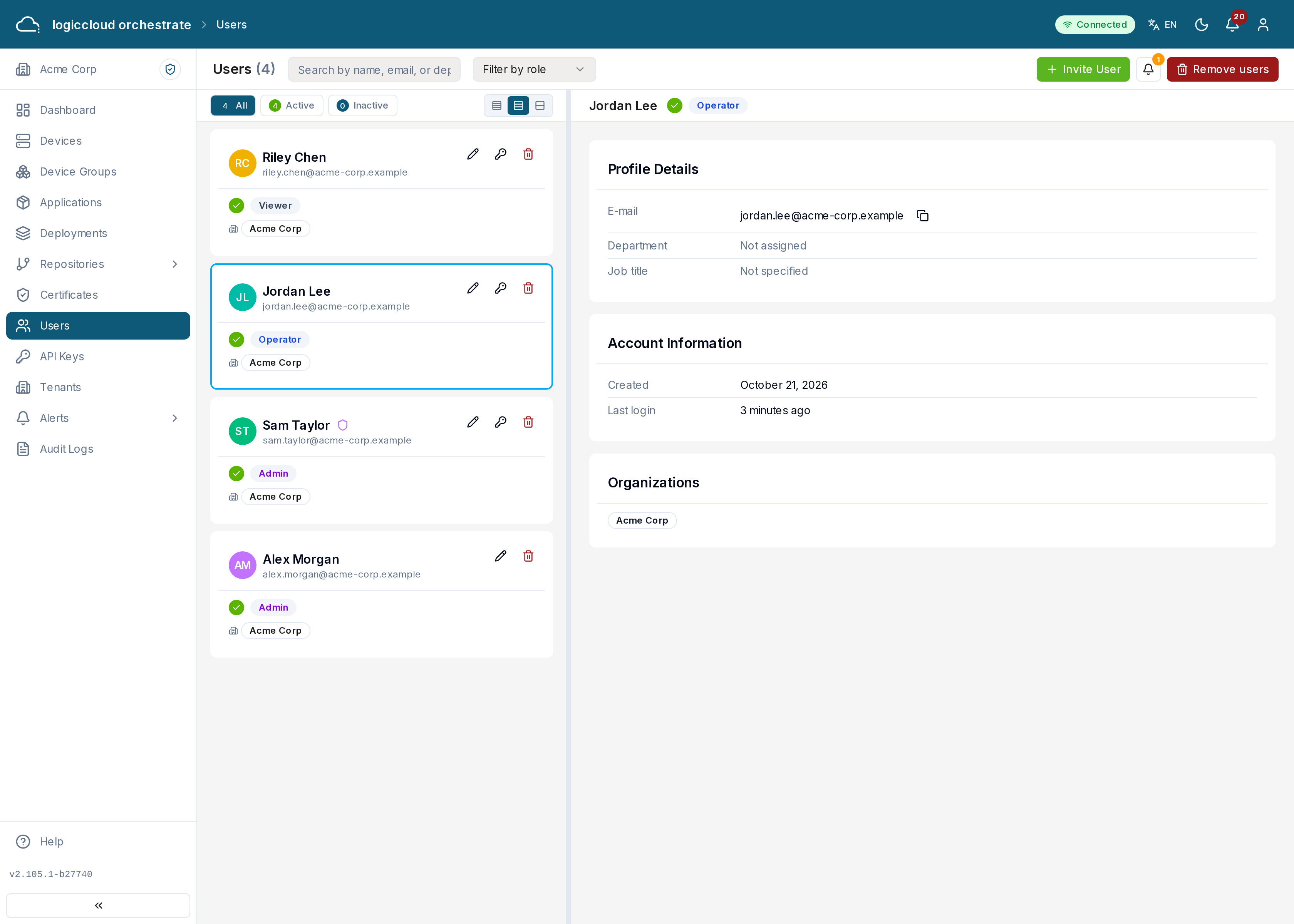 The Users page with a selected user